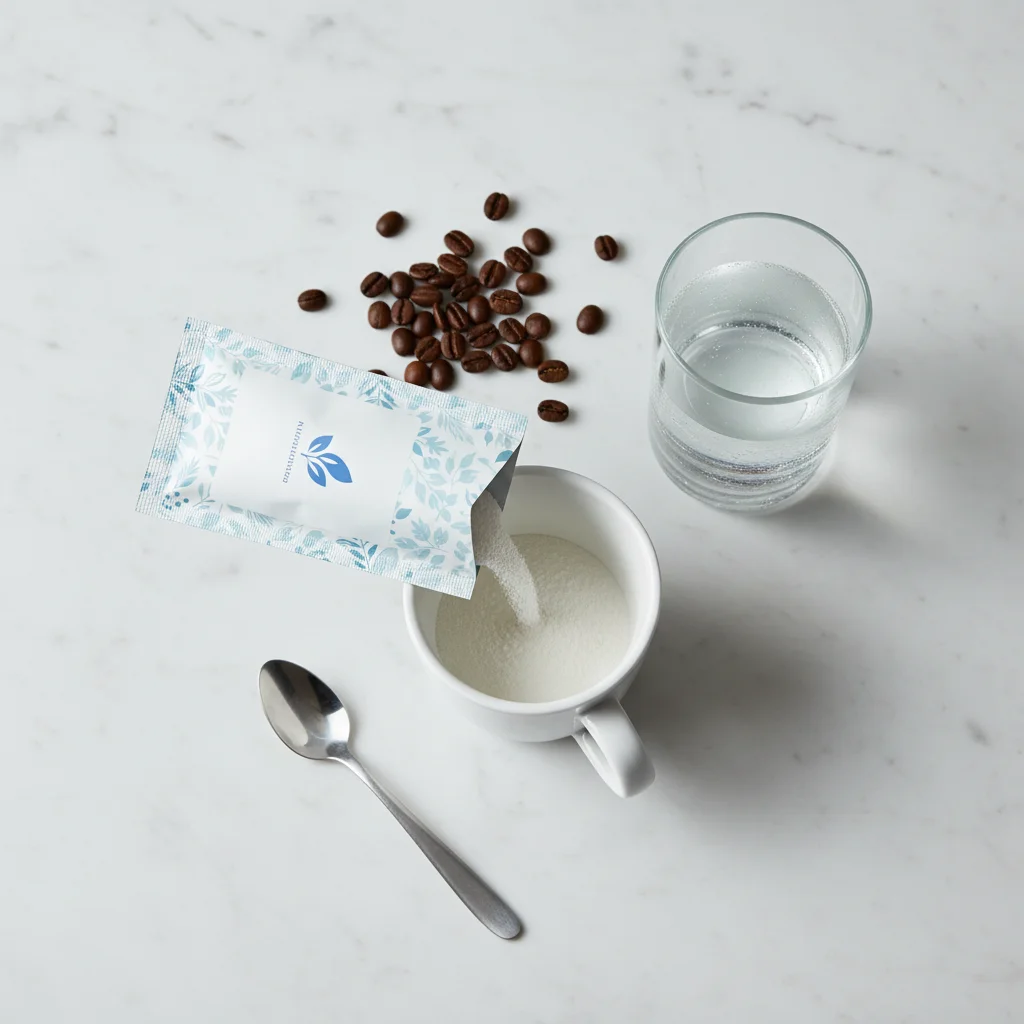 Overhead flat lay of a supplement sachet being poured into a mug alongside coffee beans and a glass of water
